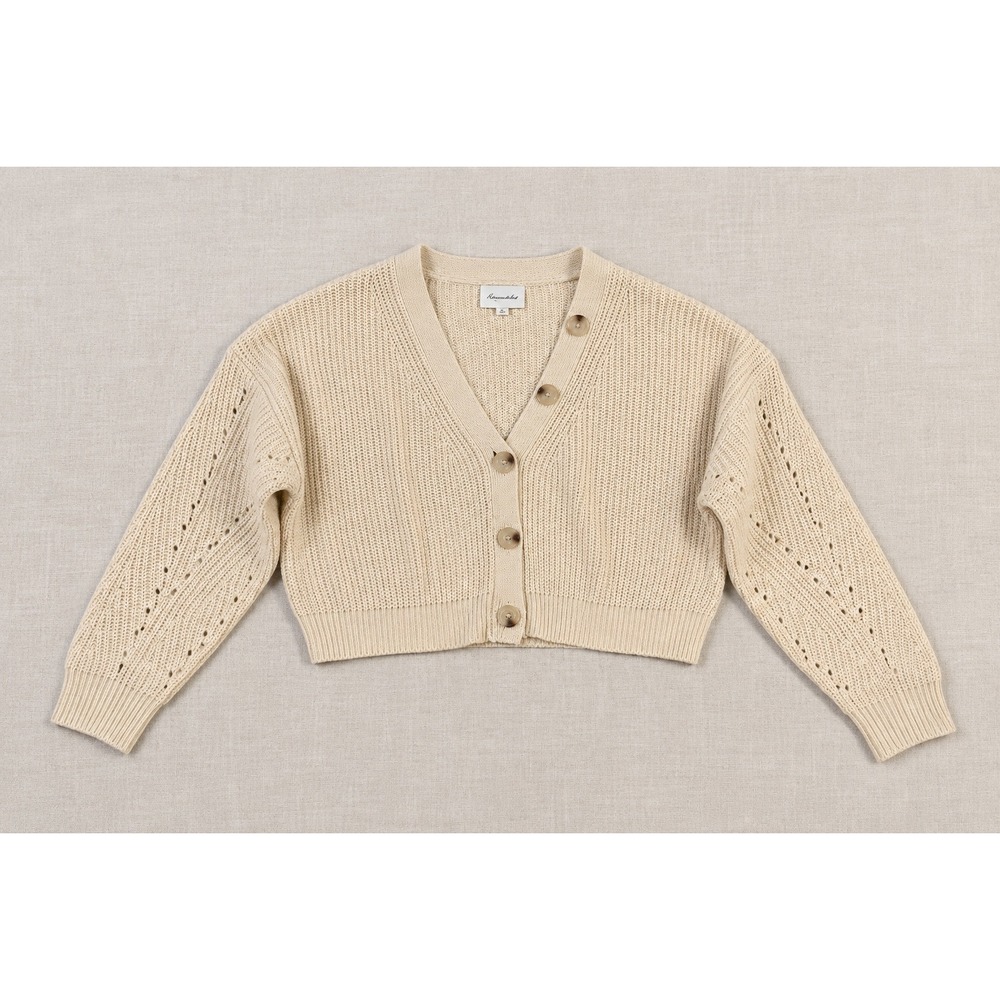 Line and Dot Cream Pointelle Sleeve Cropped Cardigan Sweater XS LT2542L